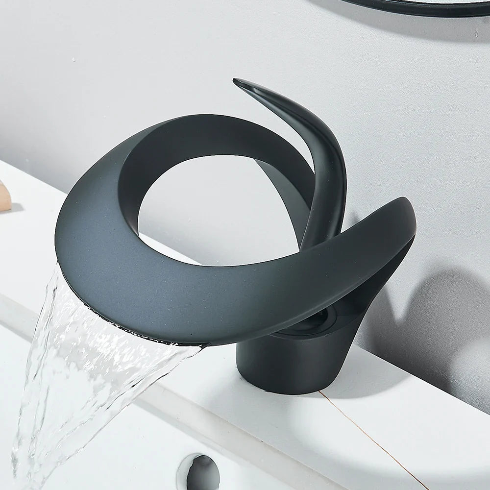 Black matte solid brass waterfall basin faucet single hole with single handle for hot and cold water mixing