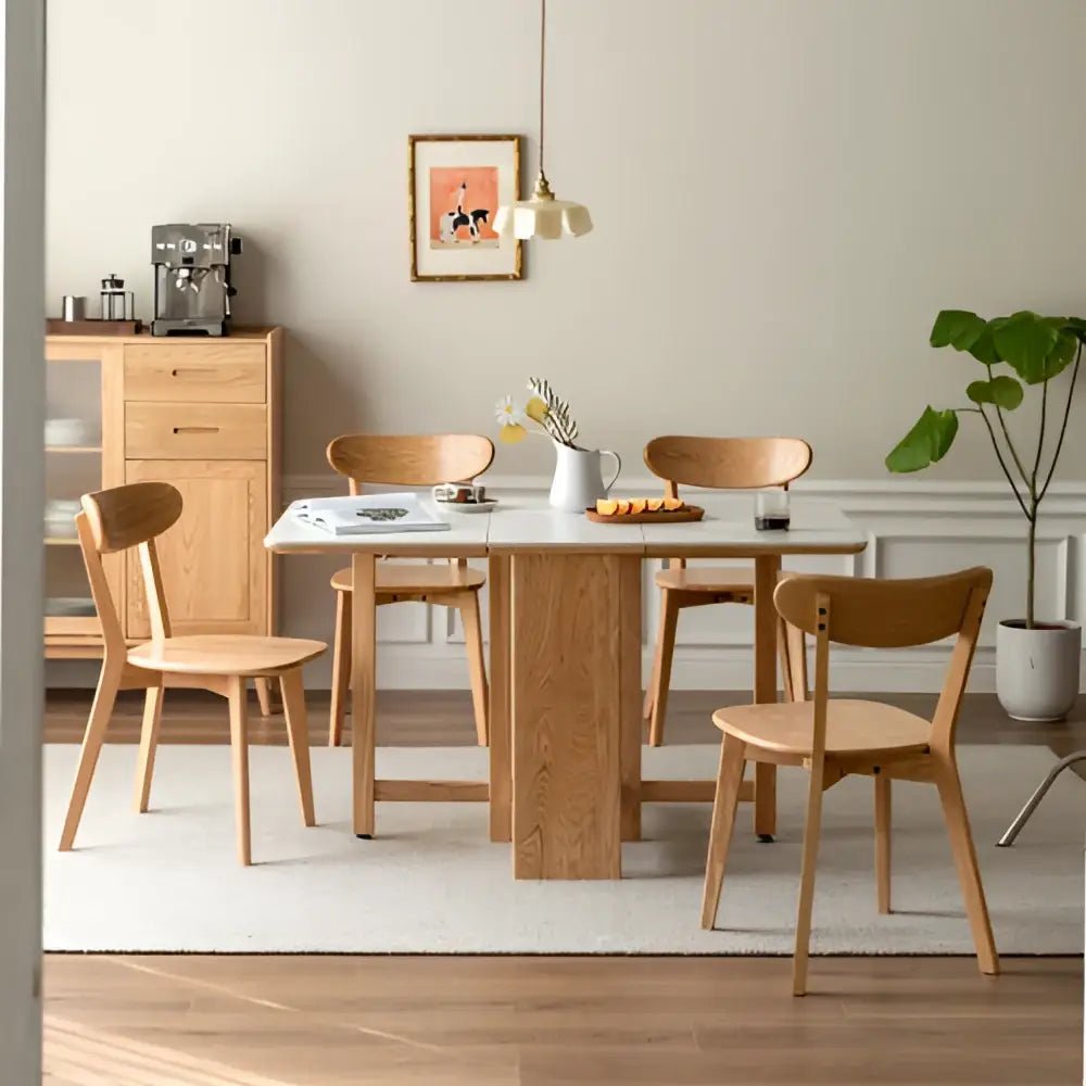 Solid oak white dining room set with comfortable seat depth - Decorbites