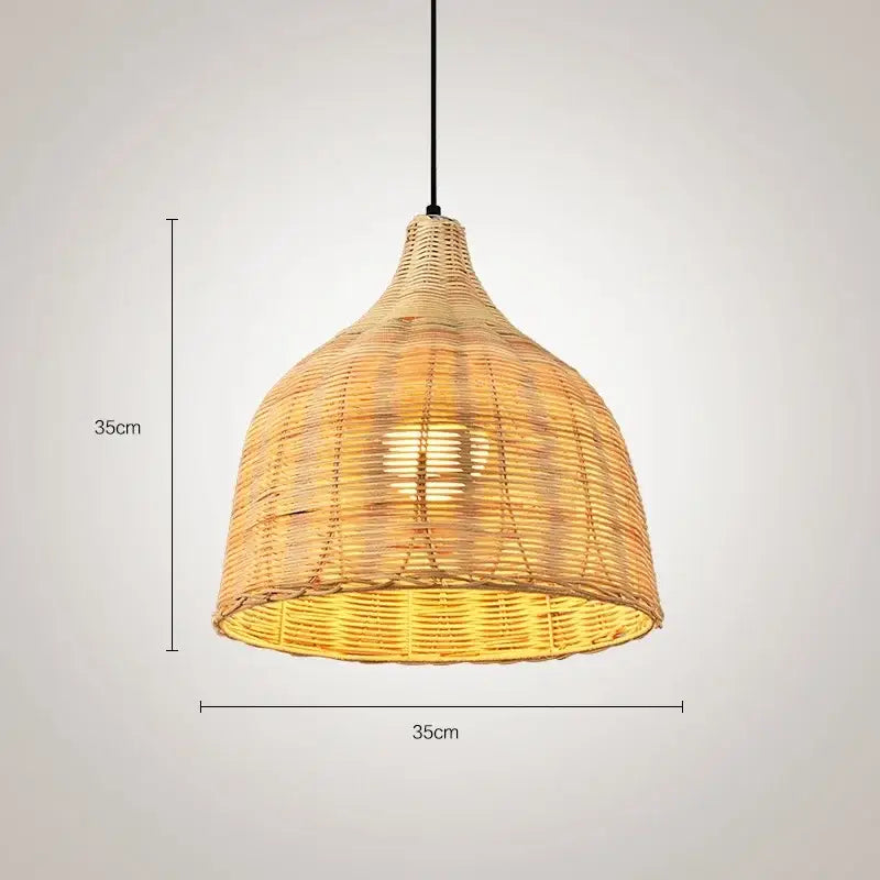 A warm-toned 35cm diameter natural fiber woven pendant light with a tapered conical shape for dining rooms