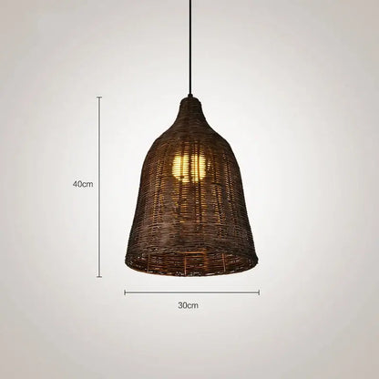 Dark brown woven rattan pendant light with bell-shaped design and 40cm height for dining room use