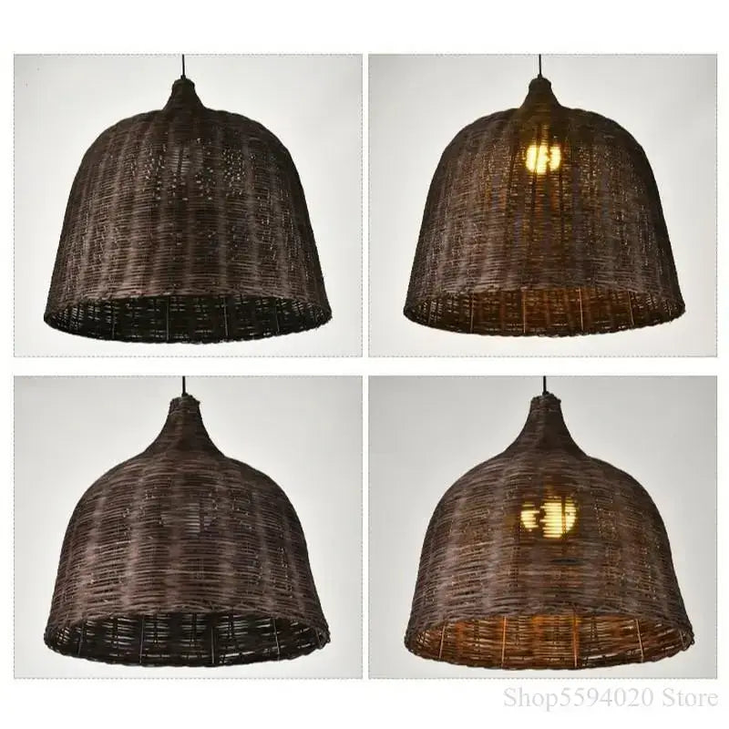 Dark brown woven pendant light with dome-shaped textured wicker design for Southeast Asia style dining room