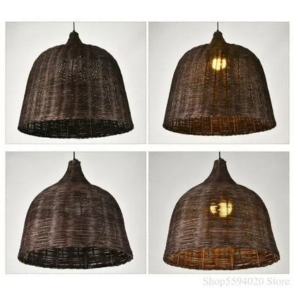 Dark brown woven pendant light with dome-shaped textured wicker design for Southeast Asia style dining room