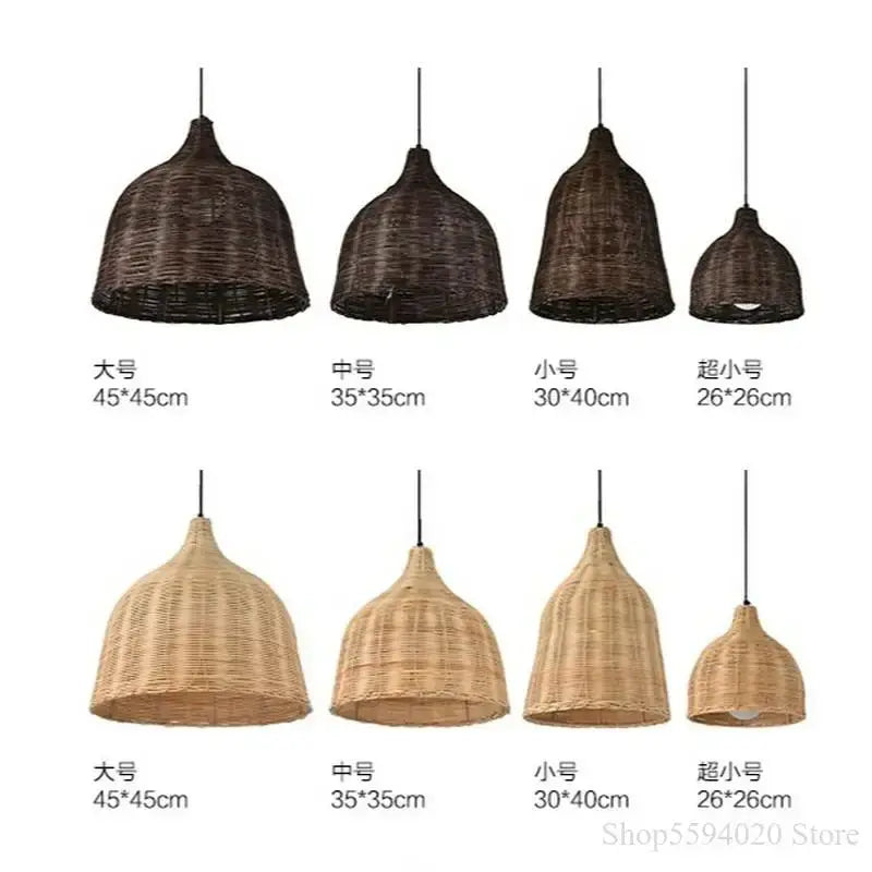 Handwoven rattan woven pendant light in natural and dark brown tones available in four sizes for dining room use
