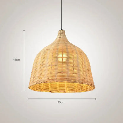 A 45cm diameter natural beige woven pendant light with a tapered dome shape for dining room use