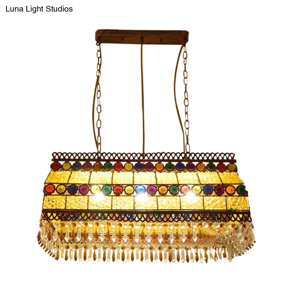 Decorbites southeast asian crystal drop rectangle living room pendant light with brass frame and colorful mosaic panels