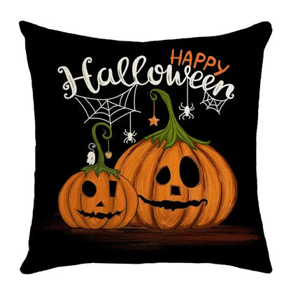 Black halloween pumpkin linen cushion cover featuring orange pumpkins green stems spiderwebs for living room sofa