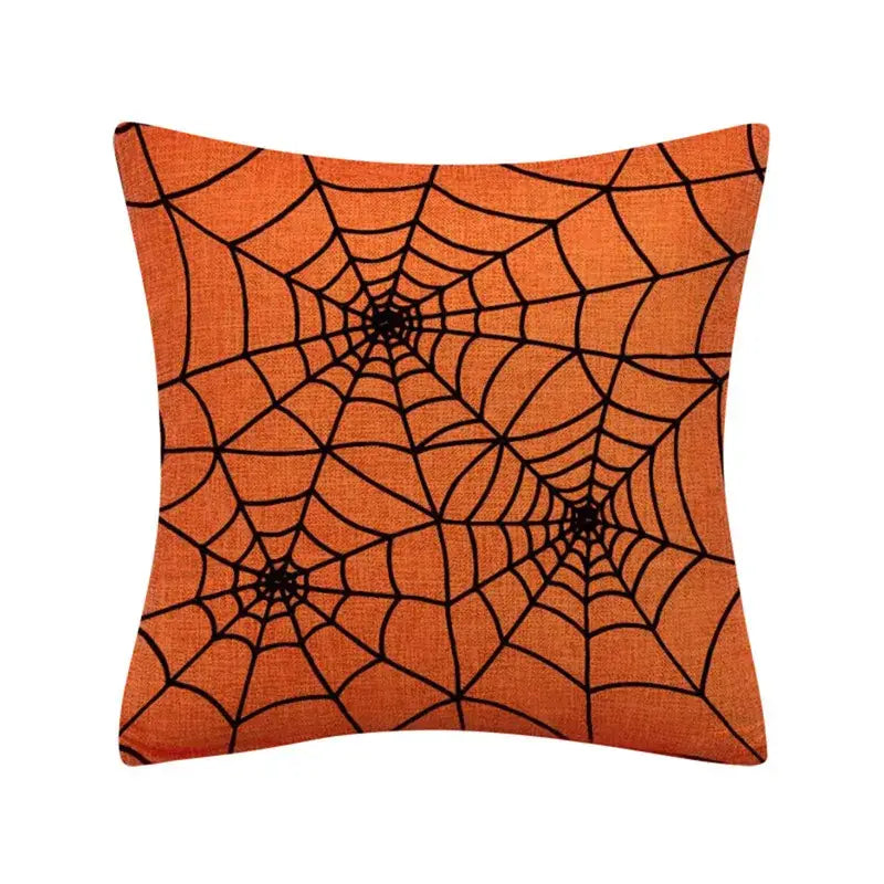 Orange halloween pumpkin linen cushion with black spiderweb pattern for living room sofa decor