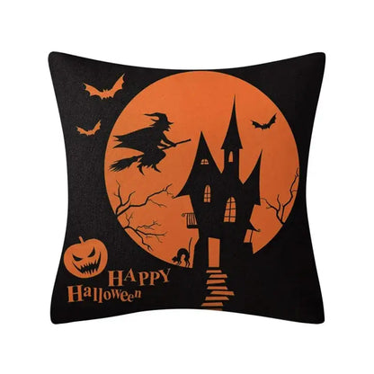 Black halloween pumpkin linen throw pillow with witch silhouette flying past orange moon, bats, and haunted castle design