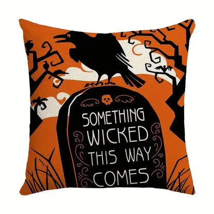 Orange halloween pumpkin linen throw pillow with black crow on tombstone and spooky text for living room sofa