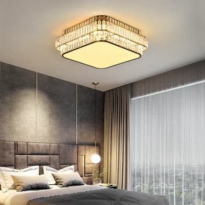 Square gold crystal led ceiling lamp with warm glow and gold-toned frame perfect for living room decorbites crystal led