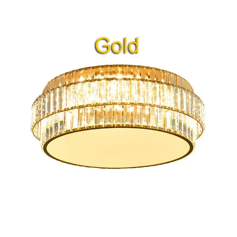 Square gold crystal led ceiling lamp with two concentric rings of clear faceted crystal bars for living room decorbites ceiling lamp
