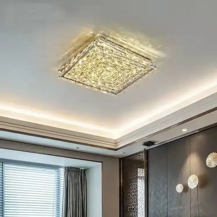 Square gold crystal led ceiling light with intricate textured design and warm golden illumination for living room
