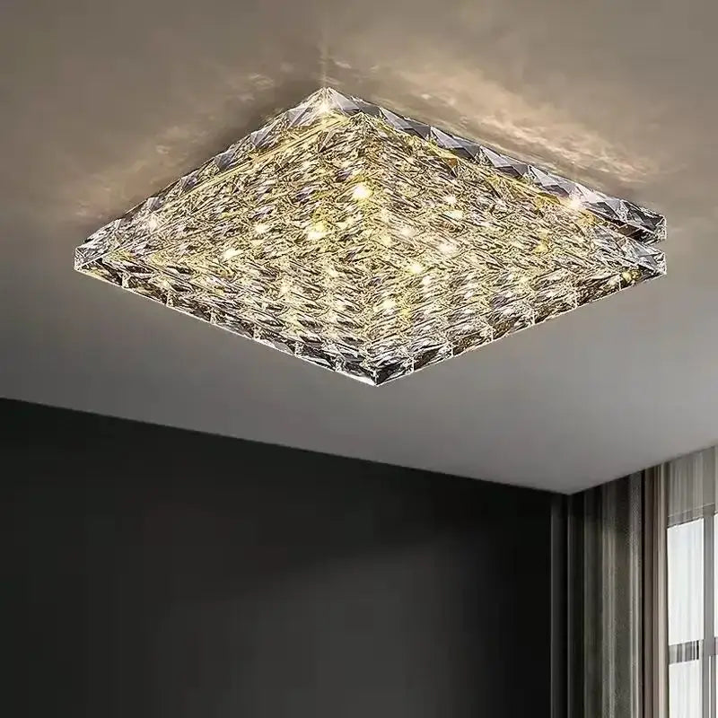 Square gold crystal led ceiling light with faceted textured surface and warm golden illumination for living room ceiling lights