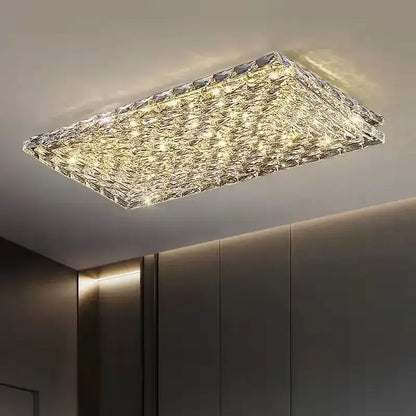 Square gold crystal led ceiling light with textured faceted surface refracting warm white led ceiling lights for living room