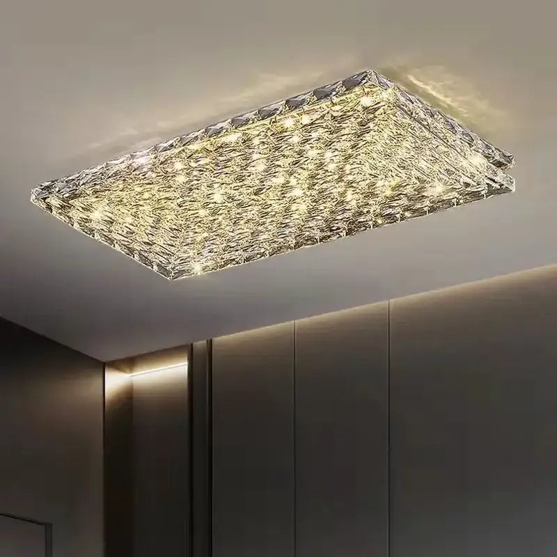 Square gold crystal led ceiling light fixture with textured surface and warm golden illumination for living room ceiling lights