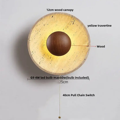 Square yellow travertine led wall lamp sconce with 12cm wood canopy and dark brown wooden sphere for stairways