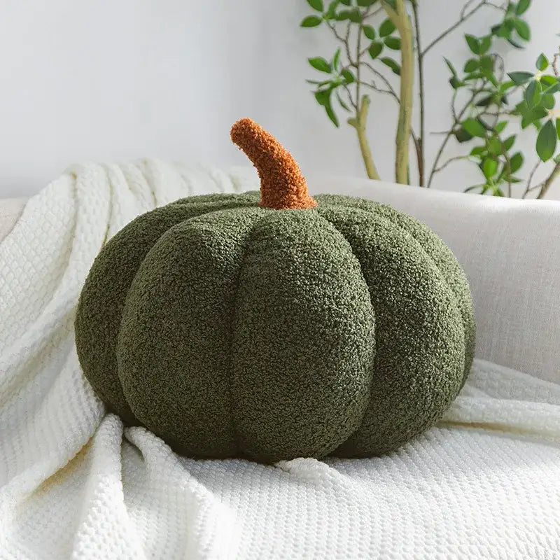 Olive green plush fleece throw pillow with fuzzy orange stem decorbites 3d pumpkin for living room decor