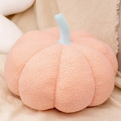 Soft peach-colored plush fleece decorbites 3d pumpkin throw pillow with light blue stem for living room decor