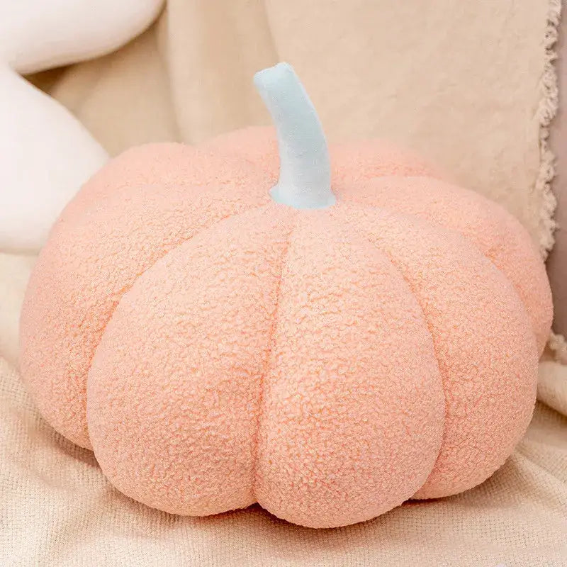 Soft peach-colored plush fleece decorbites 3d pumpkin throw pillow with light blue stem for living room decor