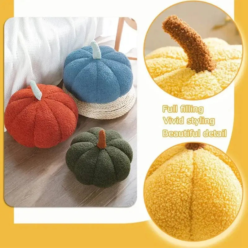 Soft plush decorbites 3d pumpkin throw pillow in vibrant red blue and green with textured fleece fabric and stitched details