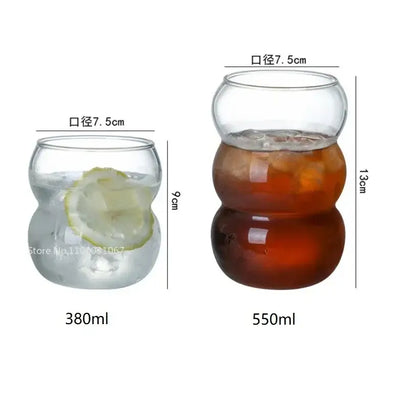 Clear glass cold brew coffee tumblers with three-segmented rounded design and 7.5cm diameter mouth in 380ml and 550ml sizes