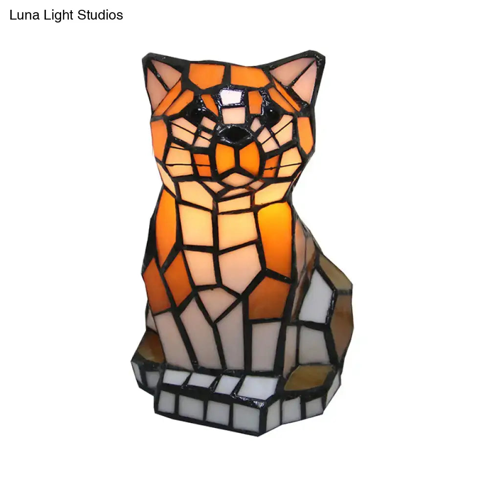 Stained glass brown cat shade accent lamp with vibrant orange cream tiffany-style mosaic for bedroom table lighting