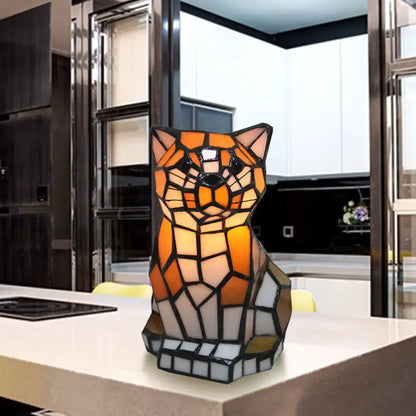 Stained glass brown cat shade accent lamp featuring warm orange and white mosaic tiles for bedroom table light
