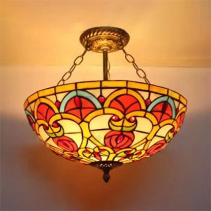 DecorBites™ baroque style stained glass ceiling light with vibrant reds yellows and greens semi flush mount fixture