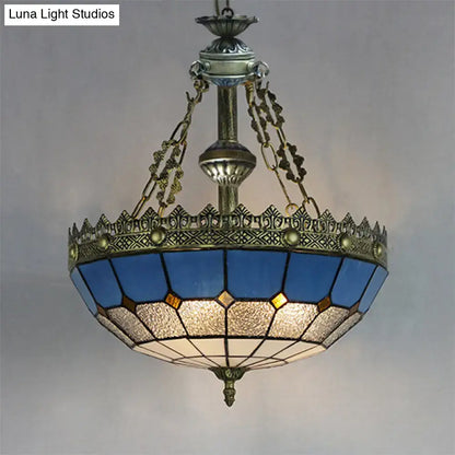 Decorbites adjustable stained glass pendant light with white clear bowl, blue and gold glass, and metal chain detailing