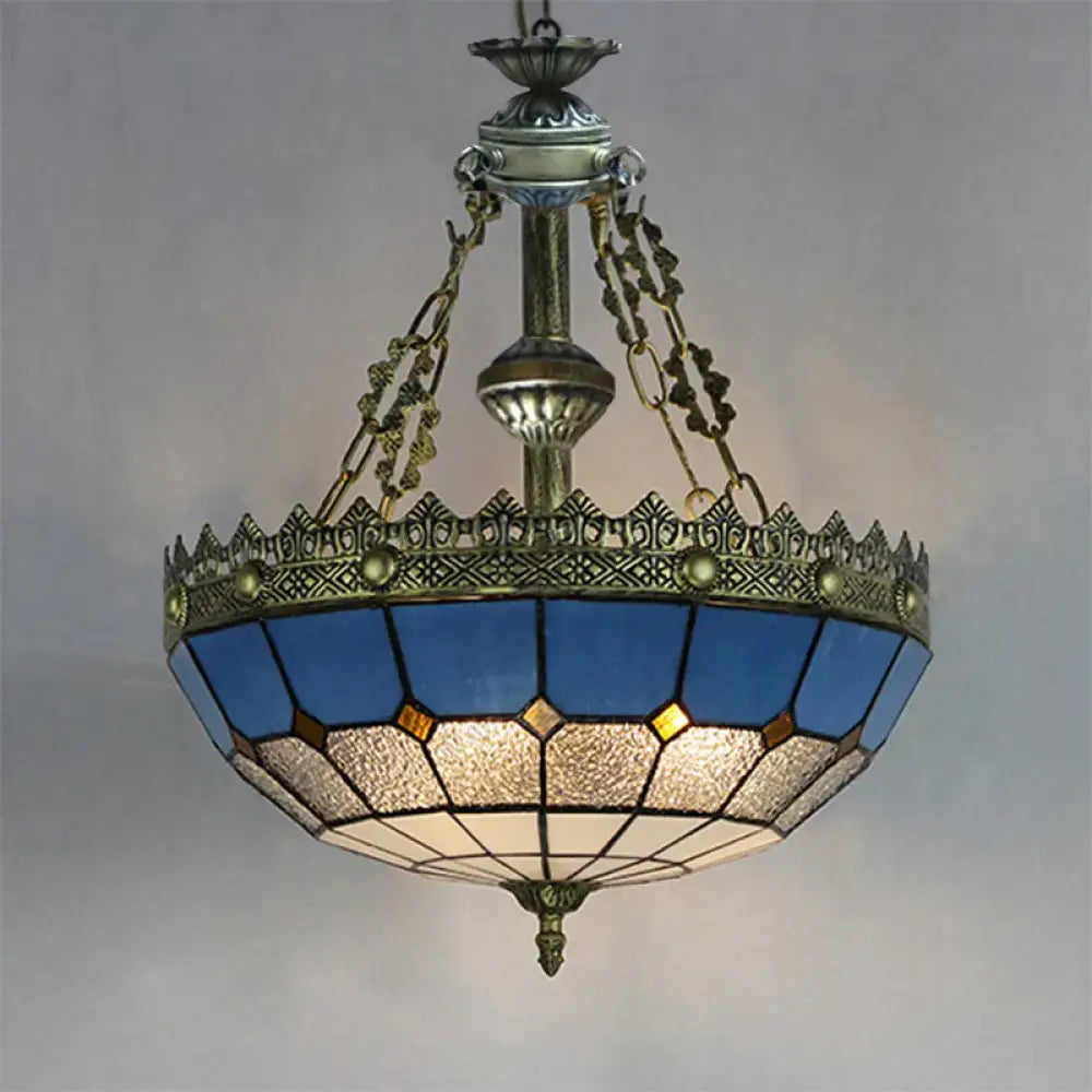 DecorBites adjustable stained glass ceiling pendant light with white clear glass and metal chain in antique blue and gold