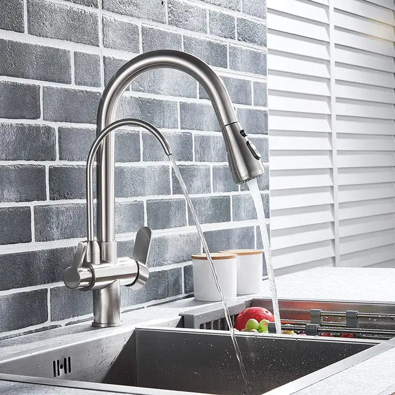 Modern brushed stainless steel arched water filter faucet with sleek curved spout and pull-down spray head for kitchen use