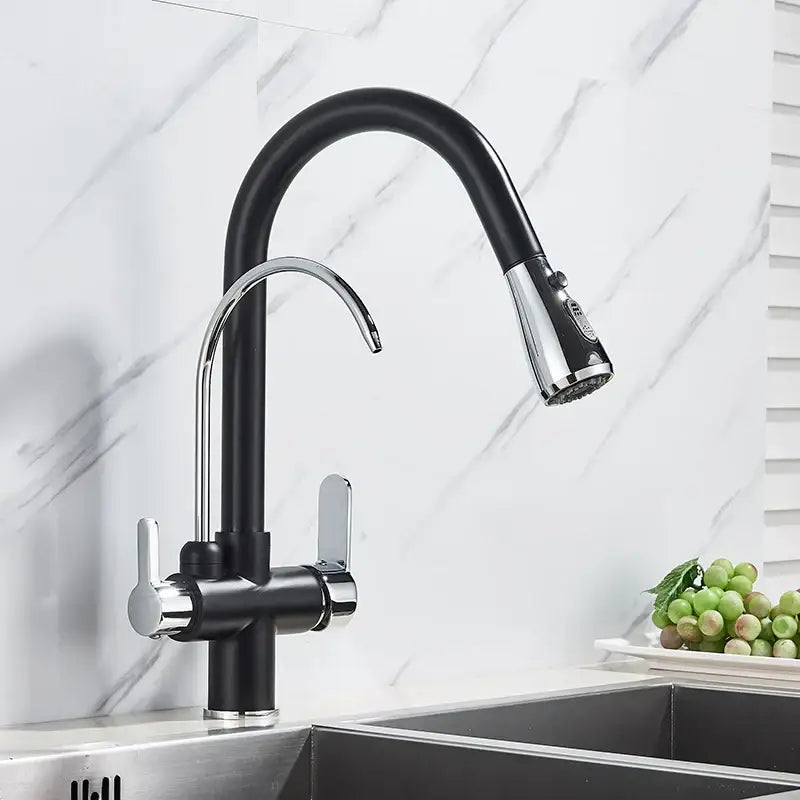 Black and chrome stainless steel arched water filter faucet with curved spout pull-down spray and dual handles for hot cold water