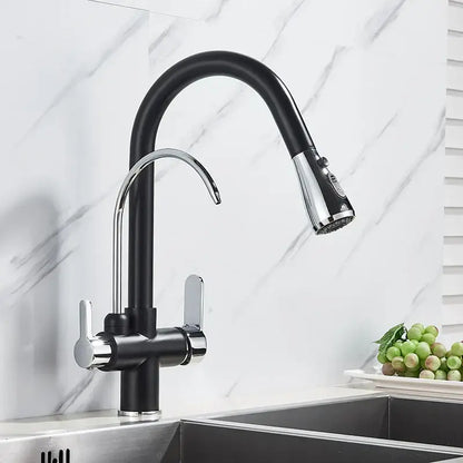 Black and chrome stainless steel arched water filter faucet with curved spout pull-down spray and dual handles for hot cold water