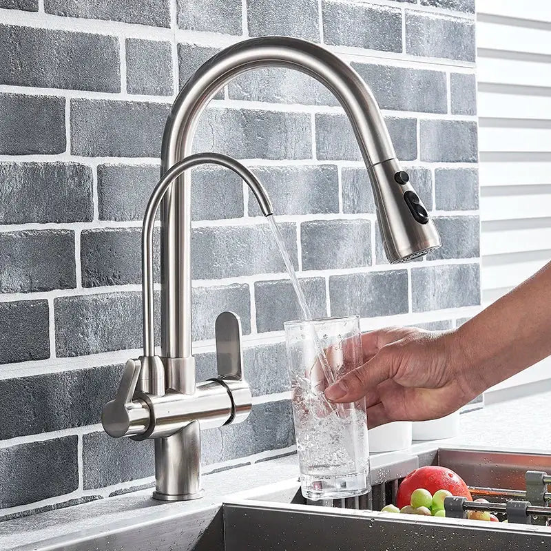 Stainless steel arched water filter faucet kitchen pull down spray with sleek curved spout and pull-down spray head