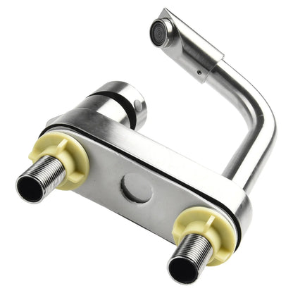 Stainless steel basin faucet with single handle and yellow plastic fittings featuring sleek curved spout and deck mounted design
