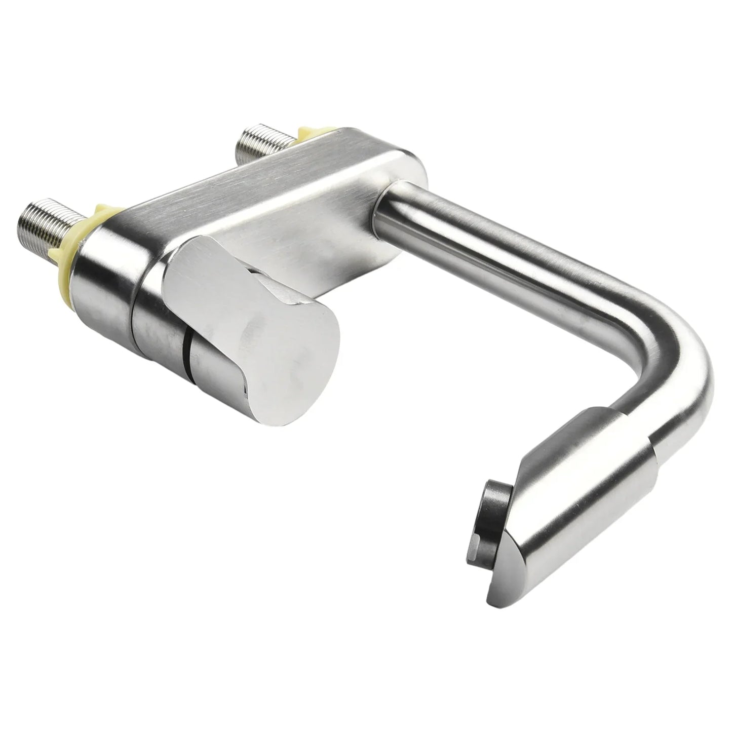 Stainless steel basin faucet with single handle and u-shaped security lock featuring polished housing material