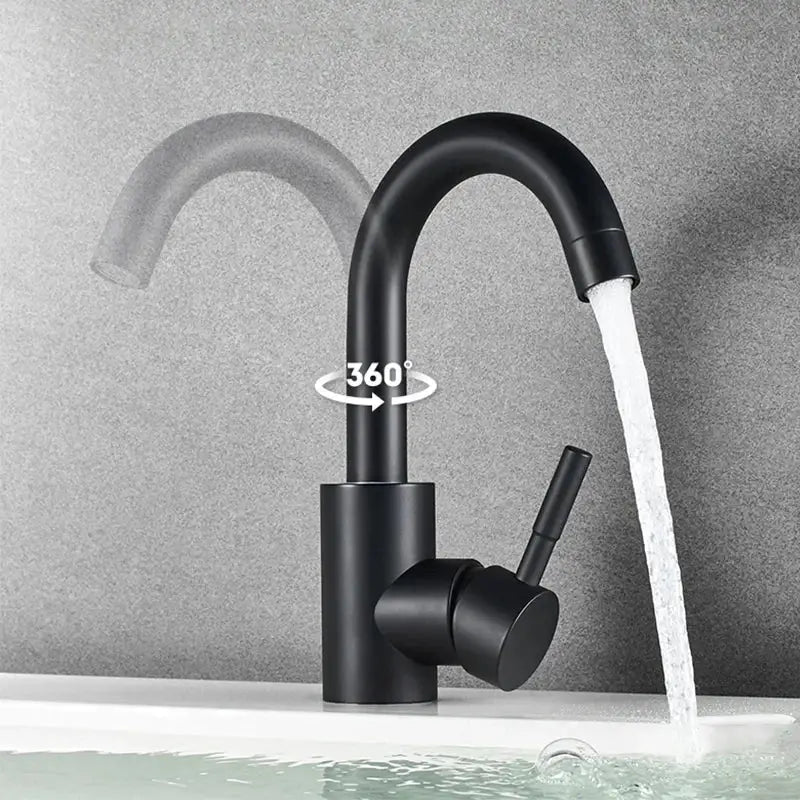 DecorBites™ black matte stainless steel rotating sink faucet with curved spout and single lever handle for bathroom use