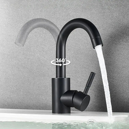 DecorBites™ black matte stainless steel rotating sink faucet with curved spout and single lever handle for bathroom use
