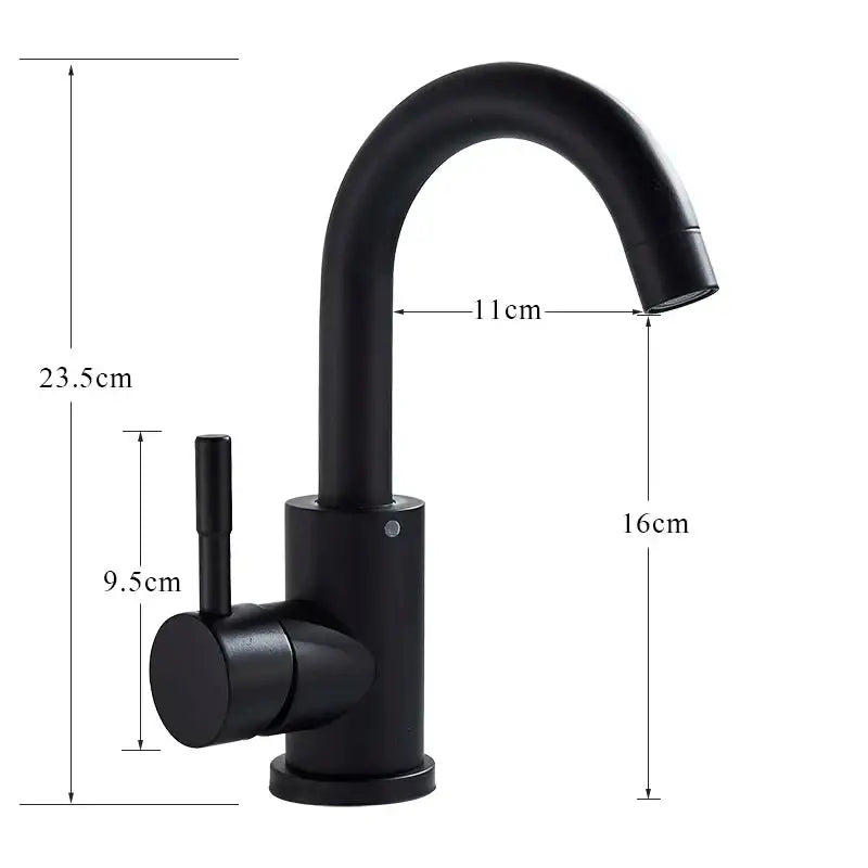 Black matte finish DecorBites™ stainless steel rotating sink faucet with a sleek curved spout and single lever handle