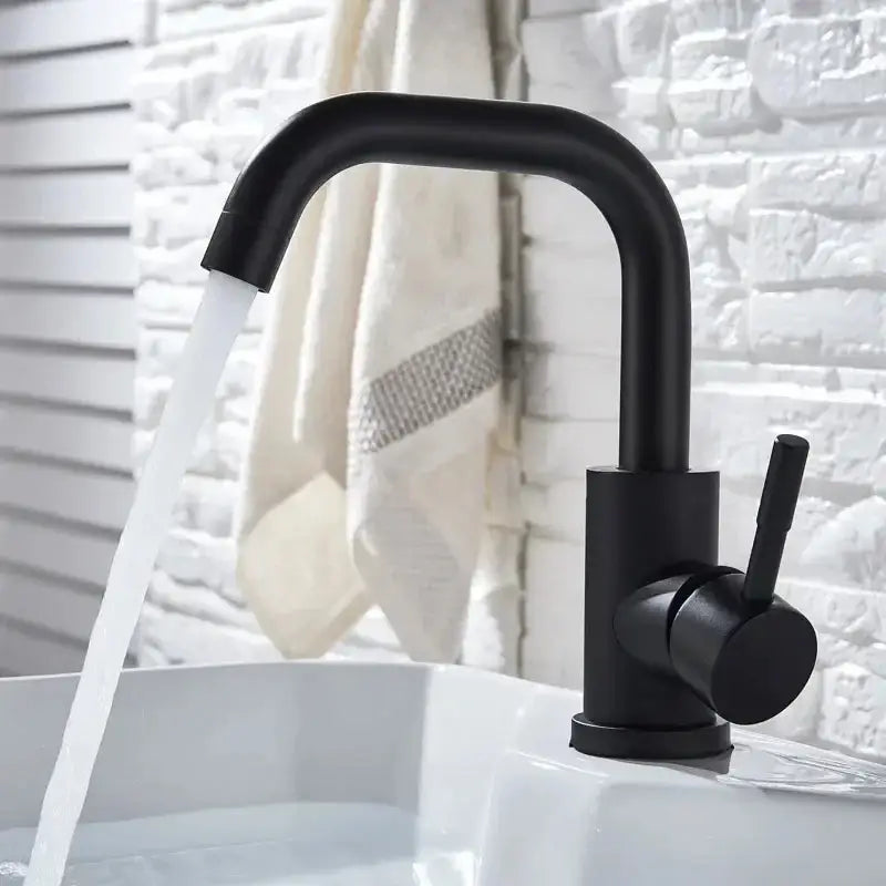 Decorbites™ 304 stainless steel rotating bathroom sink faucet in black matte finish with curved spout and single lever handle