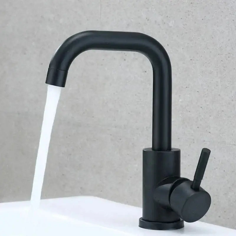 DecorBites™ black matte stainless steel rotating bathroom sink faucet with curved spout and single lever handle