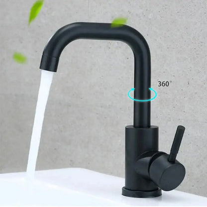 DecorBites™ black matte stainless steel rotating sink faucet with sleek curved spout and 360-degree swivel design