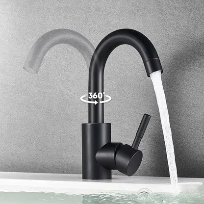 Decorbites™ black matte stainless steel rotating sink faucet with sleek curved spout and 360-degree swivel design