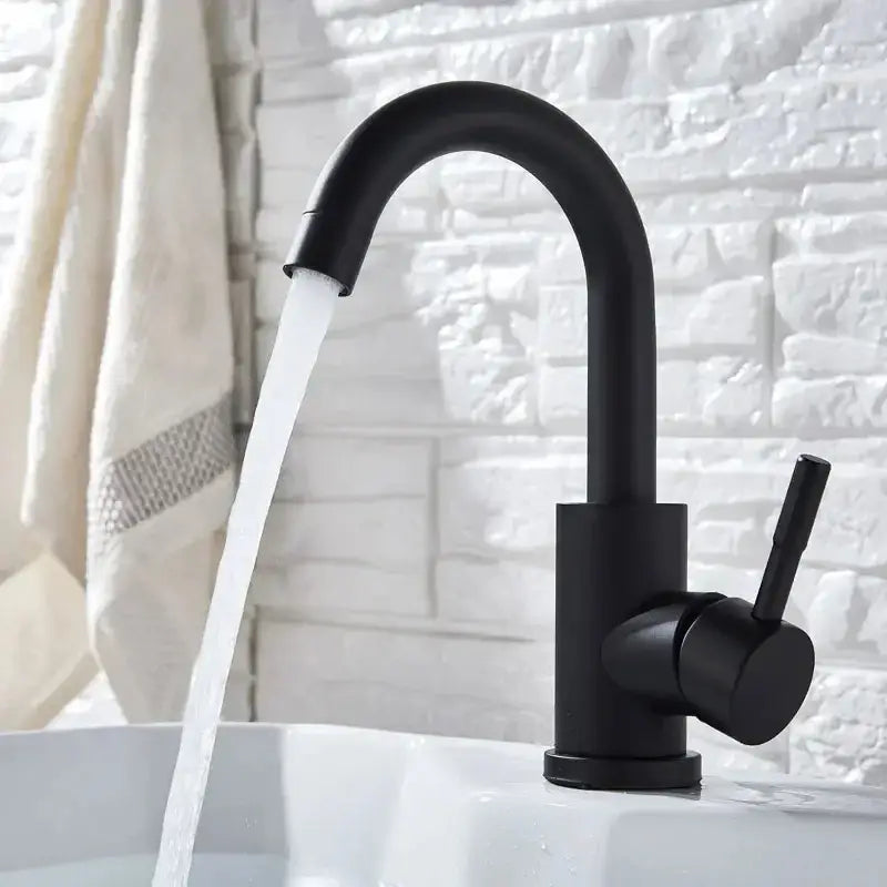 Black matte stainless steel rotating sink faucet by DecorBites with curved spout and single lever handle