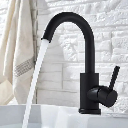 Black matte stainless steel rotating sink faucet by DecorBites with curved spout and single lever handle
