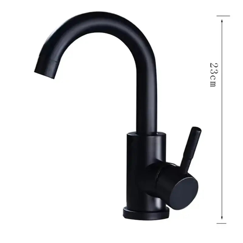 Decorbites™ black matte stainless steel rotating sink faucet with single-handle curved spout and cylindrical base