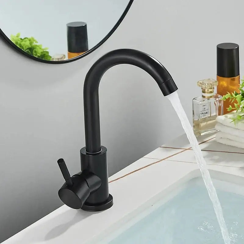 Decorbites™ 304 stainless steel rotating black matte sink faucet with single handle and curved spout minimalist design