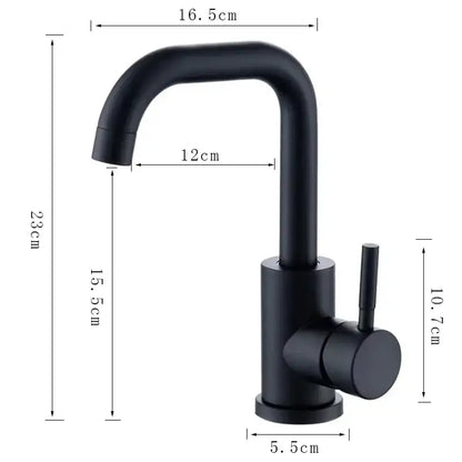Decorbites™ black matte stainless steel rotating sink faucet with single handle curved spout and cylindrical base