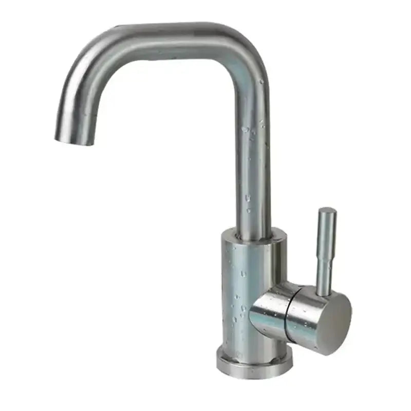 Modern brushed stainless steel DecorBites™ 304 stainless steel rotating sink faucet with sleek curved spout and cylindrical base
