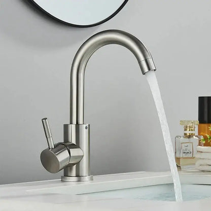 Modern brushed stainless steel rotating bathroom sink faucet by decorbites with single-handle and curved spout